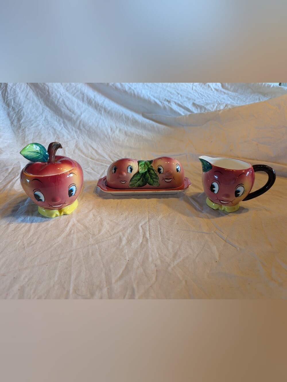 Vintage Pink and Green apple creamer, sugar and butter dish Set